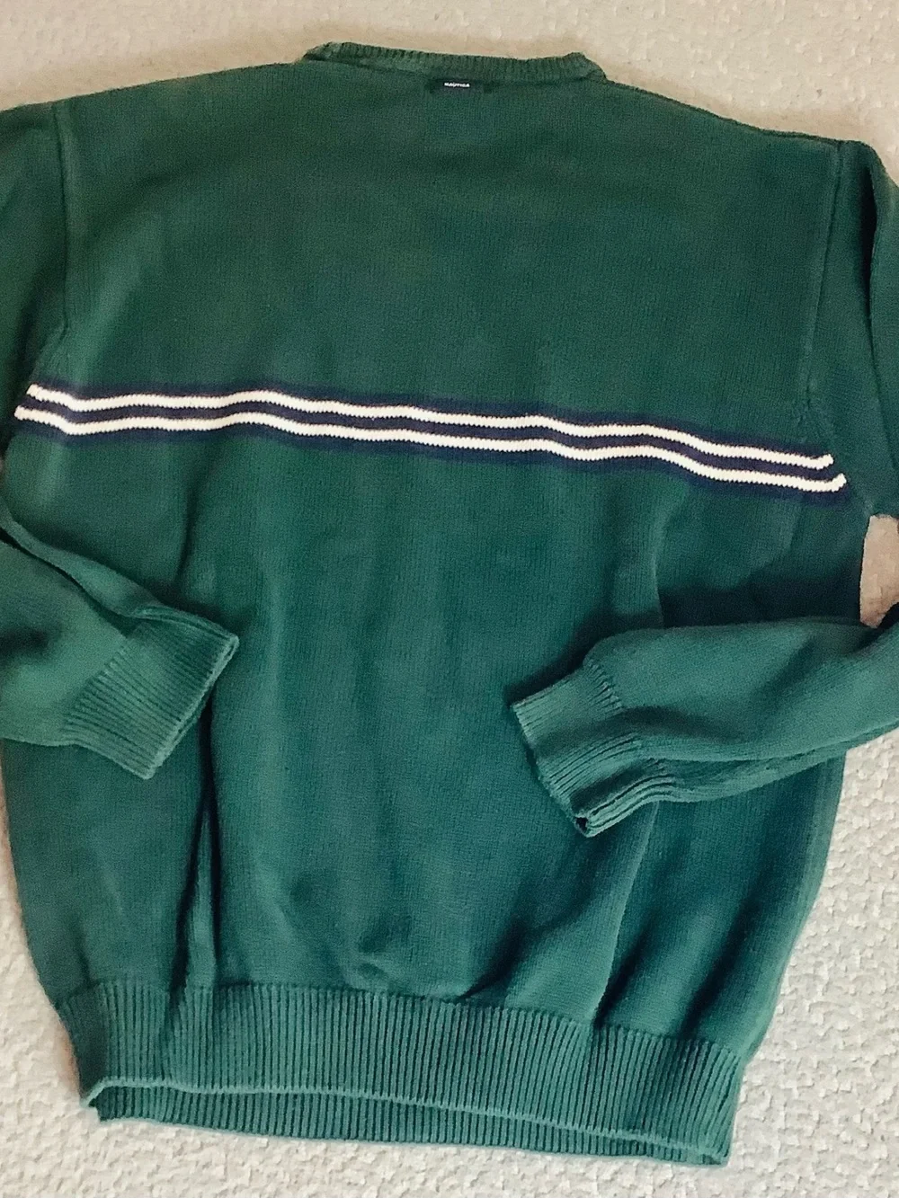 Nautica Forest Green Crewneck Sweater with Navy and White Stripes